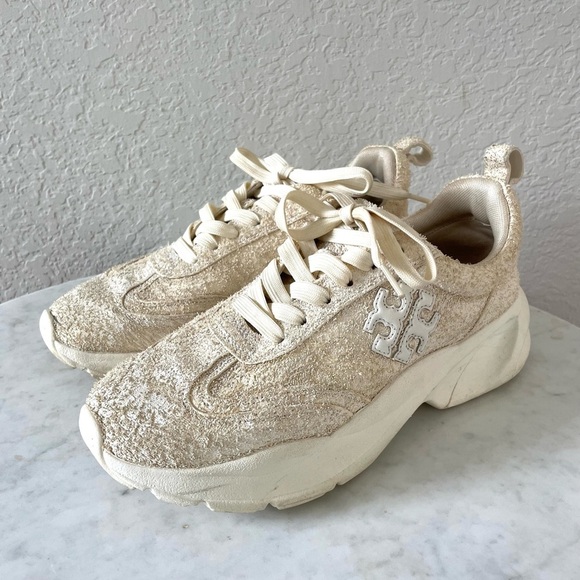 Tory Burch Good Luck‎ Logo Trainer in Textured Ivory - Picture 2 of 12